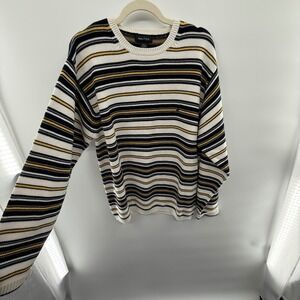 Nautica 100% Cotton Striped Sweater Men's Size XL Crewneck Navy Yellow‎ White